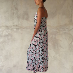 Long Sundress Georgette Viscose Kiku Print Black Embroidered | Fabiana Boente Promo