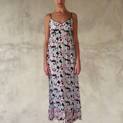 Long Sundress Georgette Viscose Kiku Print Black Embroidered | Fabiana Boente Promo