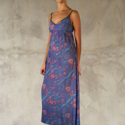 Long Sundress Georgette Viscose Floral Print Blue Embroidered | Fabiana Boente Promo