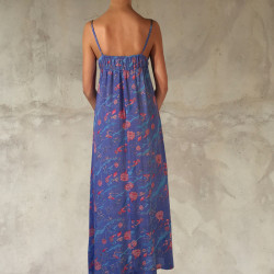Long Sundress Georgette Viscose Floral Print Blue Embroidered | Fabiana Boente Promo