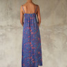 Long Sundress Georgette Viscose Floral Print Blue Embroidered | Fabiana Boente Promo
