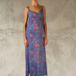 Long Sundress Georgette Viscose Floral Print Blue Embroidered | Fabiana Boente Promo