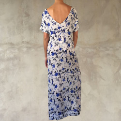 Long Kaftan Georgette Viscose Watercolor Print Blue Embroidered | Fabiana Boente Promo