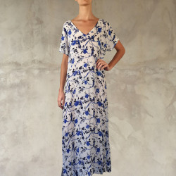 Long Kaftan Georgette Viscose Watercolor Print Blue Embroidered | Fabiana Boente Promo