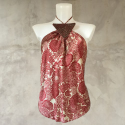 Silk Top Crimson Red Satin Deep Back Neckline Embroidery | Fabiana Boente