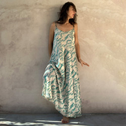 Long Sundress Rayon Voîle Tibetan Print Turquoise | Fabiana Boente