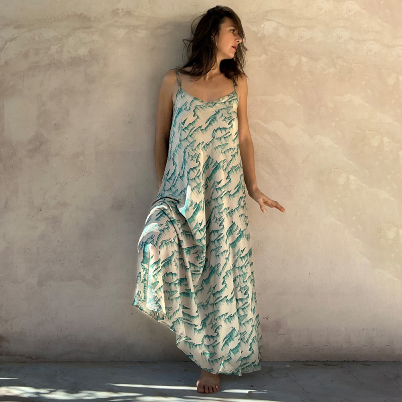 Long Sundress Rayon Voîle Tibetan Print Turquoise | Fabiana Boente Long Sundress Rayon Voîle Tibetan Print Turquoise | Fabiana Boente