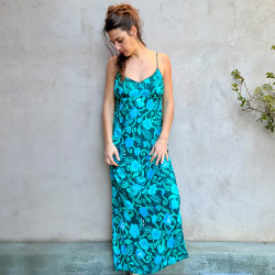 Long Sundress Candy T Georgette Viscose Turquoise Print Embroidered | Fabiana Boente