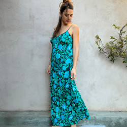 Long Sundress Candy T Georgette Viscose Turquoise Print Embroidered | Fabiana Boente