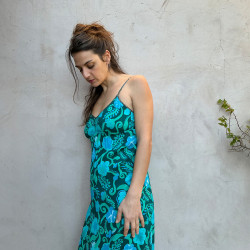 Long Sundress Candy T Georgette Viscose Turquoise Print Embroidered | Fabiana Boente