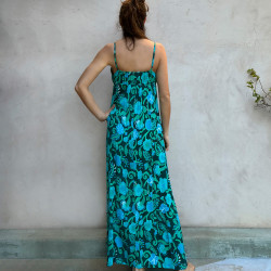 Long Sundress Candy T Georgette Viscose Turquoise Print Embroidered | Fabiana Boente