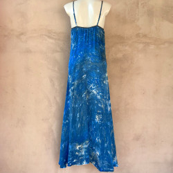 Long Dress Satin Viscose Batik Blue Embroidered Halter Neck | Fabiana Boente