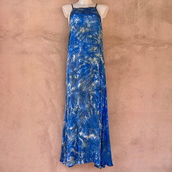 Long Dress Satin Viscose Batik Blue Embroidered Halter Neck | Fabiana Boente