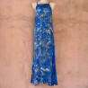 Long Dress Satin Viscose Batik Blue Embroidered Halter Neck | Fabiana Boente