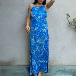 Long Dress Satin Viscose Batik Blue Embroidered Halter Neck | Fabiana Boente
