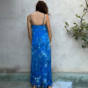 Long Dress Satin Viscose Batik Blue Embroidered Halter Neck | Fabiana Boente