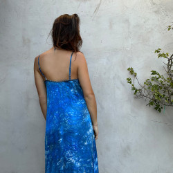 Long Dress Satin Viscose Batik Blue Embroidered Halter Neck | Fabiana Boente