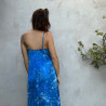 Long Dress Satin Viscose Batik Blue Embroidered Halter Neck | Fabiana Boente