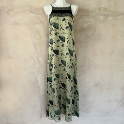 Long Dress Satin Viscose Ginkgo Leaf Print Black Embroidered | Fabiana Boente