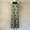 Long Dress Satin Viscose Ginkgo Leaf Print Black Embroidered | Fabiana Boente