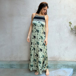 Long Dress Satin Viscose Ginkgo Leaf Print Black Embroidered | Fabiana Boente