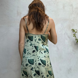 Long Dress Satin Viscose Ginkgo Leaf Print Black Embroidered | Fabiana Boente