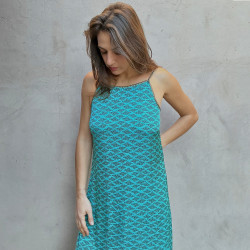 Long Dress Satin Viscose Cloud Print Mega Mendung Blue | Fabiana Boente