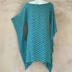 Kaftan Short Tunic Dress Rayon Cloud Print Mega Mendung Sky Blue | Fabiana Boente