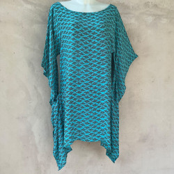 Kaftan Short Tunic Dress Rayon Cloud Print Mega Mendung Sky Blue | Fabiana Boente