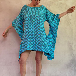 Kaftan Short Tunic Dress Rayon Cloud Print Mega Mendung Sky Blue | Fabiana Boente