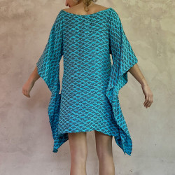 Kaftan Short Tunic Dress Rayon Cloud Print Mega Mendung Sky Blue | Fabiana Boente