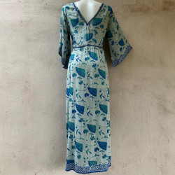 Boho Long Dress Ginkgo Print Blue Rayon Voîle Slits | Fabiana Boente