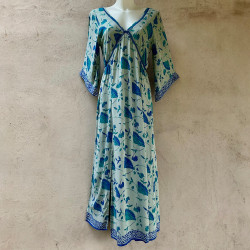 Boho Long Dress Ginkgo Print Blue Rayon Voîle Slits | Fabiana Boente