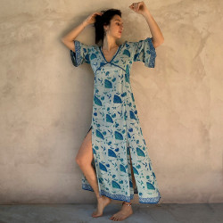 Boho Long Dress Ginkgo Print Blue Rayon Voîle Slits | Fabiana Boente