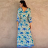 Boho Long Dress Ginkgo Print Blue Rayon Voîle Slits | Fabiana Boente
