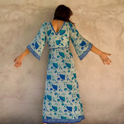 Boho Long Dress Ginkgo Print Blue Rayon Voîle Slits | Fabiana Boente