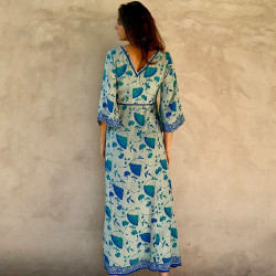 Boho Long Dress Ginkgo Print Blue Rayon Voîle Slits | Fabiana Boente