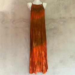 Long Dress Georgette Viscose Batik Gradient Orange Embroidered | Fabiana Boente