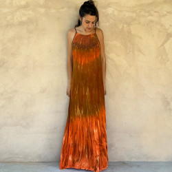 Long Dress Georgette Viscose Batik Gradient Orange Embroidered | Fabiana Boente