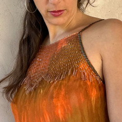 Long Dress Georgette Viscose Batik Gradient Orange Embroidered | Fabiana Boente