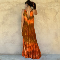 Long Dress Georgette Viscose Batik Gradient Orange Embroidered | Fabiana Boente