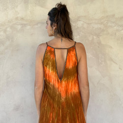 Long Dress Georgette Viscose Batik Gradient Orange Embroidered | Fabiana Boente