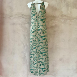 Long Dress Georgette Viscose Tibetan Cliff Print Turquoise Embroidered | Fabiana Boente