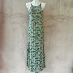 Long Dress Georgette Viscose Tibetan Cliff Print Turquoise Embroidered | Fabiana Boente