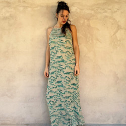 Long Dress Georgette Viscose Tibetan Cliff Print Turquoise Embroidered | Fabiana Boente