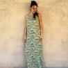 Long Dress Georgette Viscose Tibetan Cliff Print Turquoise Embroidered | Fabiana Boente