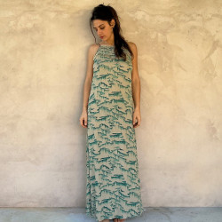 Long Dress Georgette Viscose Tibetan Cliff Print Turquoise Embroidered | Fabiana Boente