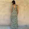 Long Dress Georgette Viscose Tibetan Cliff Print Turquoise Embroidered | Fabiana Boente