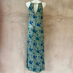 Long Dress Georgette Viscose Ginkgo Leaf Print Blue Embroidered | Fabiana Boente