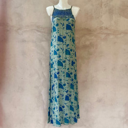 Long Dress Georgette Viscose Ginkgo Leaf Print Blue Embroidered | Fabiana Boente